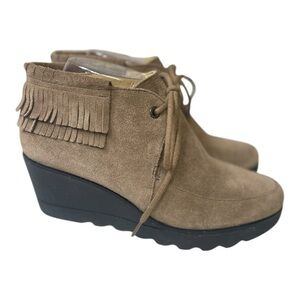 Bussola Leeds Women’s Suede Tan Layered Fringe Lace Up Wedge Ankle Boots